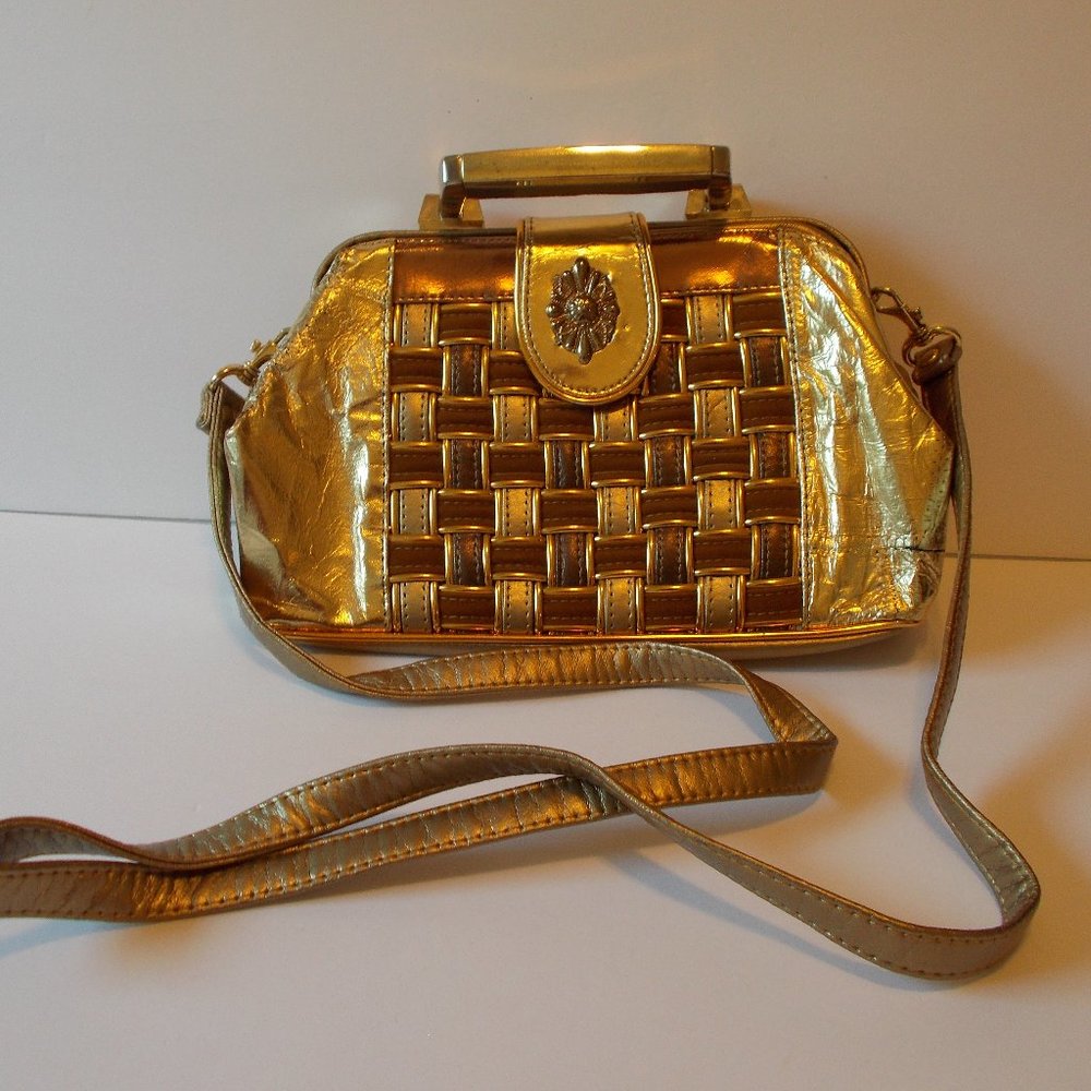 Gold Lame Woven Braided Handbag Purse RENAIS Removable‎ Strap